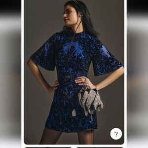 Blue mock neck velvet Anthropologie mini dress